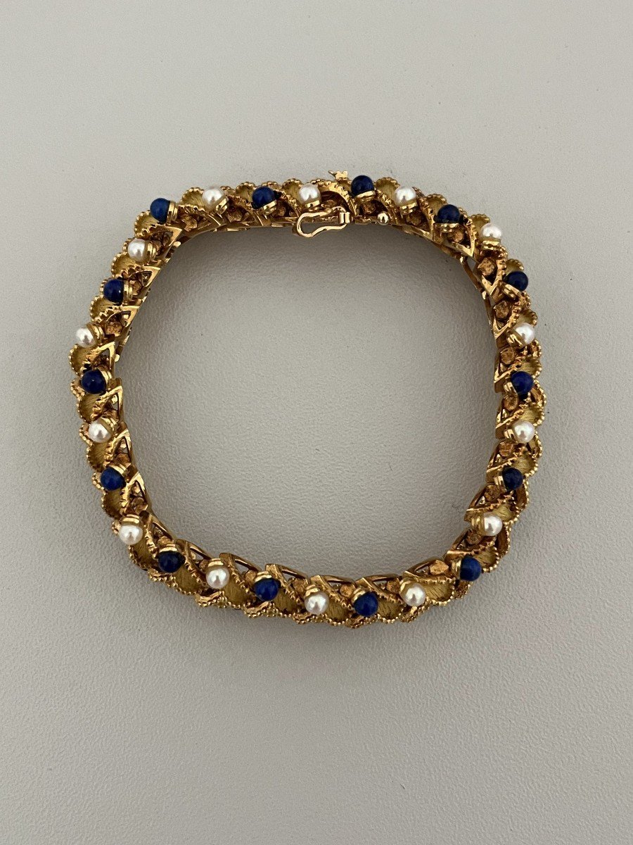 6170- Articulated Leaf Bracelet Yellow Gold Lapis Lazuli Beads-photo-3