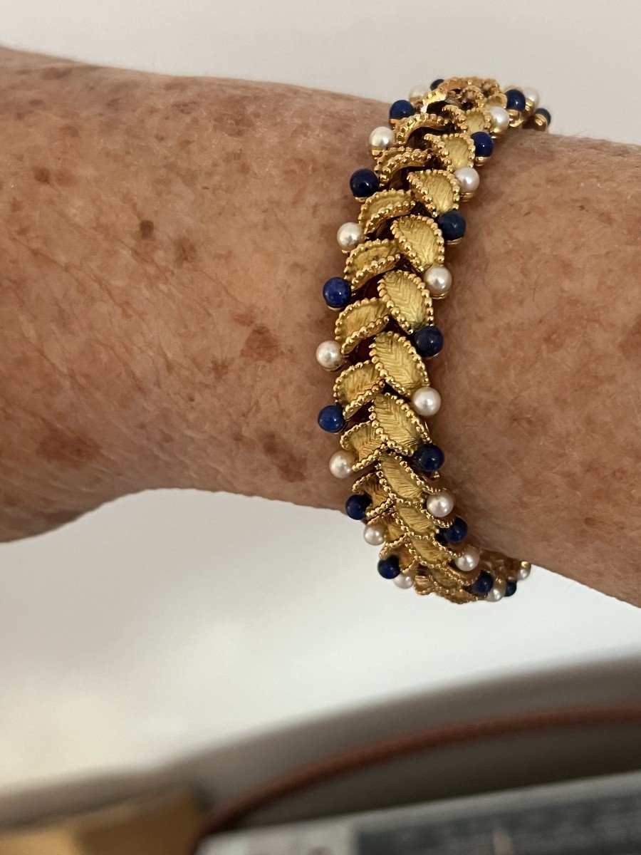 6170- Articulated Leaf Bracelet Yellow Gold Lapis Lazuli Beads-photo-2