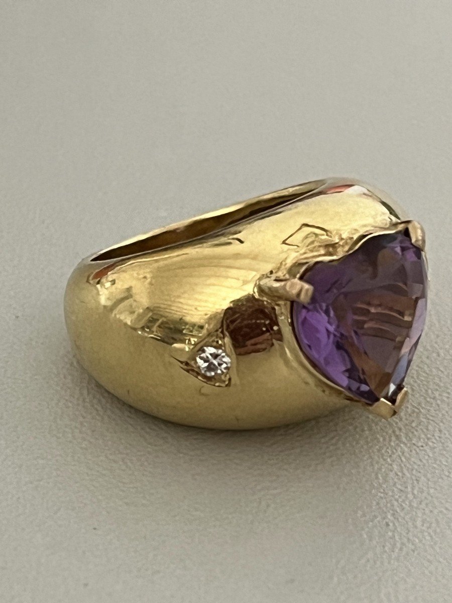 6055- Yellow Gold Amethyst Heart Diamond Band Ring-photo-4