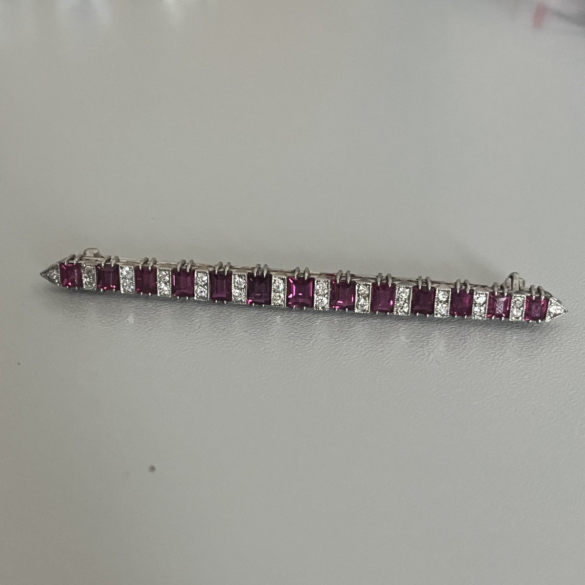 6187- Platinum Ruby Diamond Barrette Brooch