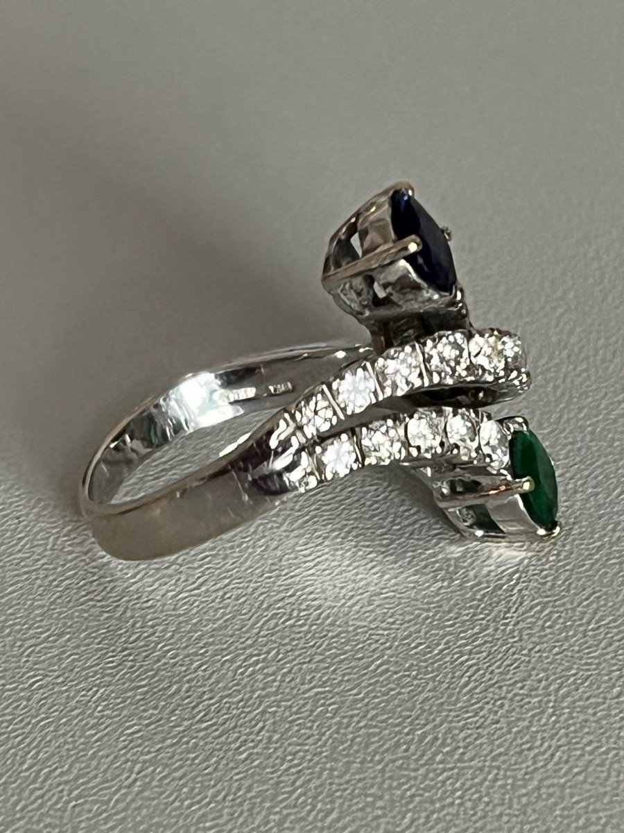 6195- White Gold Emerald Sapphire Diamond Cross Ring-photo-3