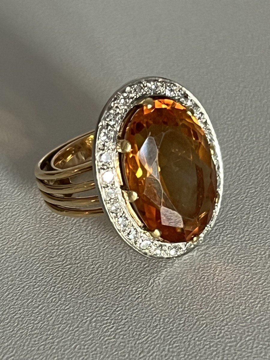 6198- Yellow Gold Platinum Citrine Diamond Ring-photo-4