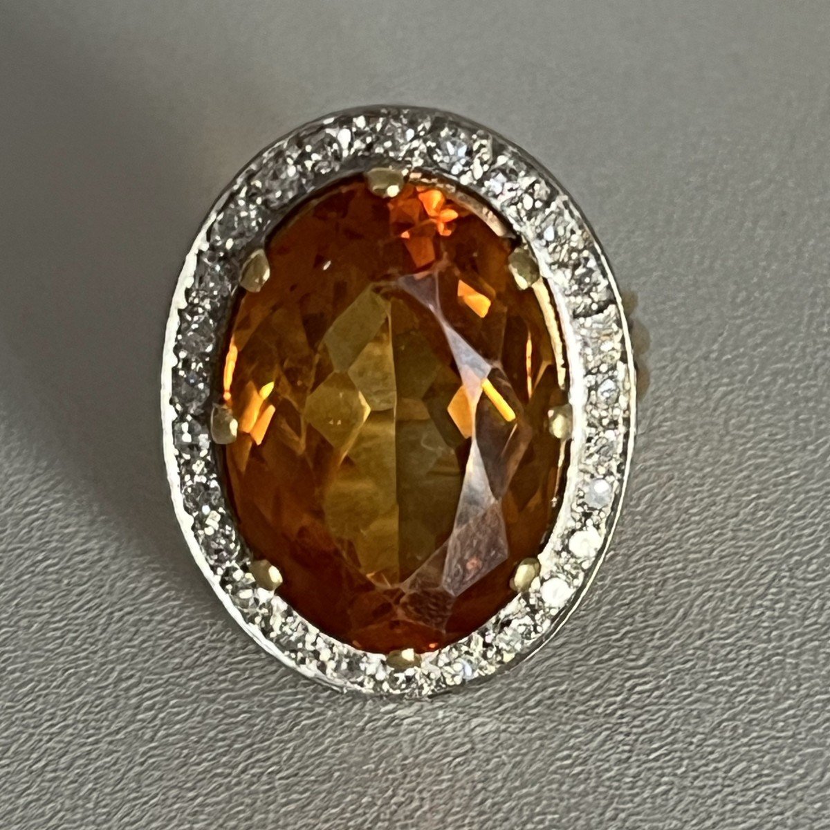 6198- Yellow Gold Platinum Citrine Diamond Ring