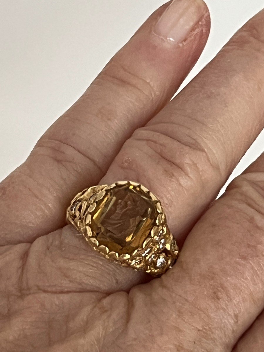 6201- Yellow Gold Dome Ring Citrine Diamonds-photo-2