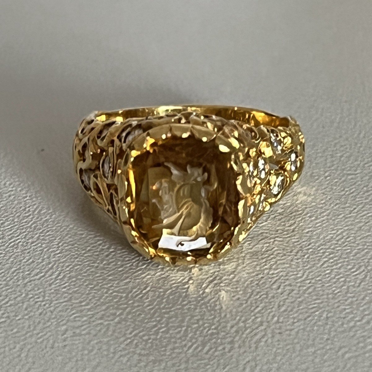 6201- Yellow Gold Dome Ring Citrine Diamonds