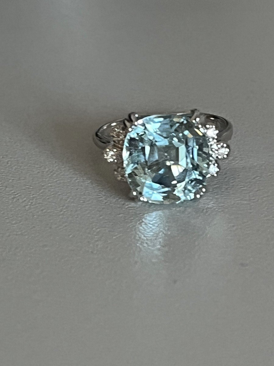 3737- White Gold Ring Aquamarine Cushion Diamonds-photo-4