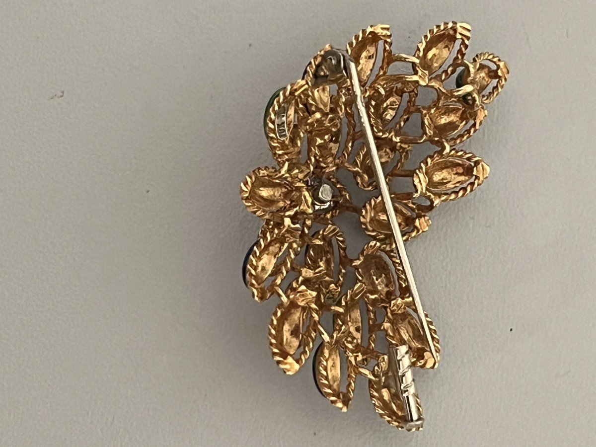 6246- Broche Pendentif Feuillages Or Jaune Or Jaune Diamants Email Vert Et Bleu-photo-2