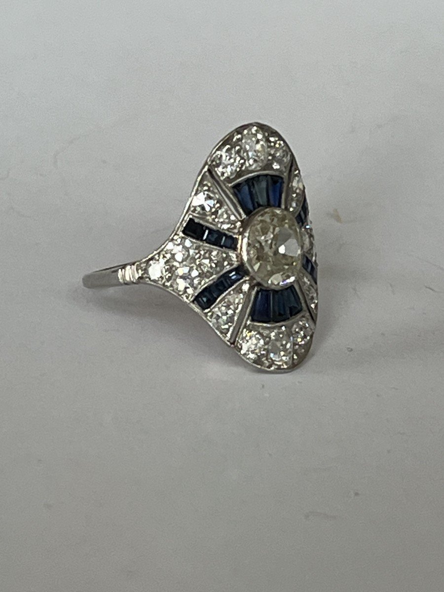 6250- Art Deco Platinum Ring Sapphires Diamonds (0.70 Ct In The Center)-photo-4