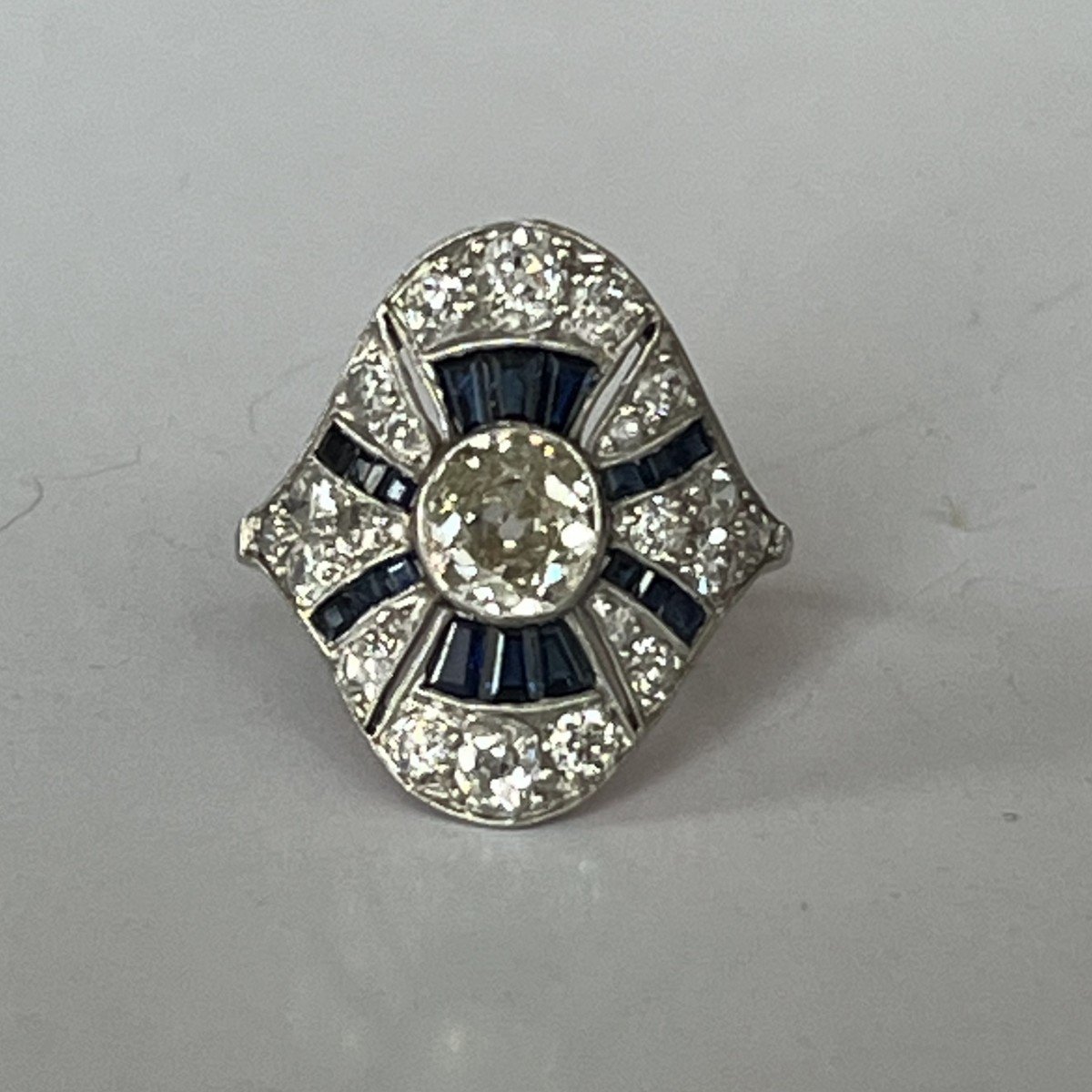 6250- Art Deco Platinum Ring Sapphires Diamonds (0.70 Ct In The Center)