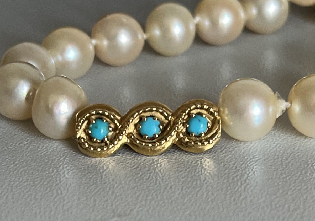 6278- Collier Perles 2 Rangs Fermoir Or Jaune Turquoises