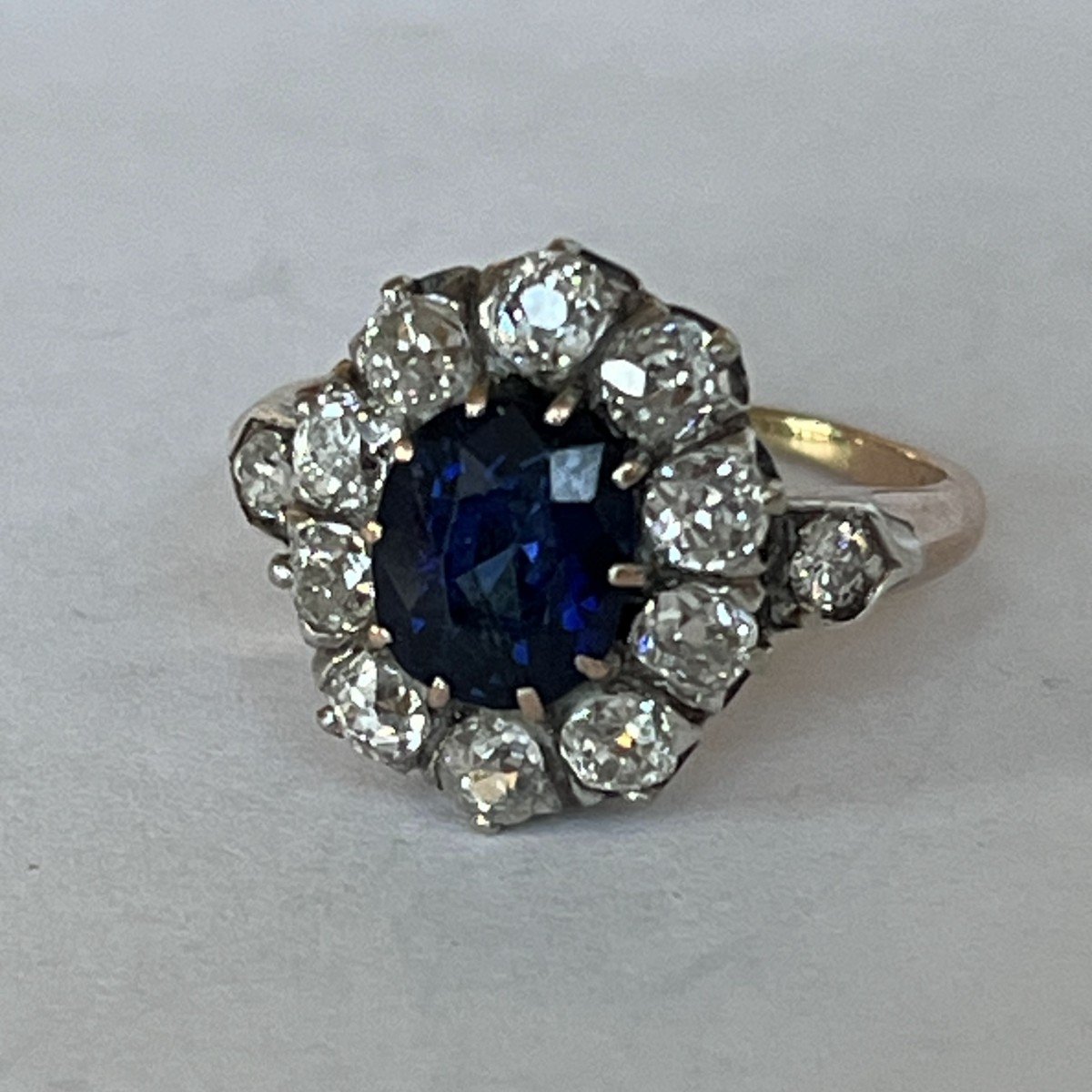 6299- Antique Pompadour Ring Rose Gold Silver Sapphire Diamonds