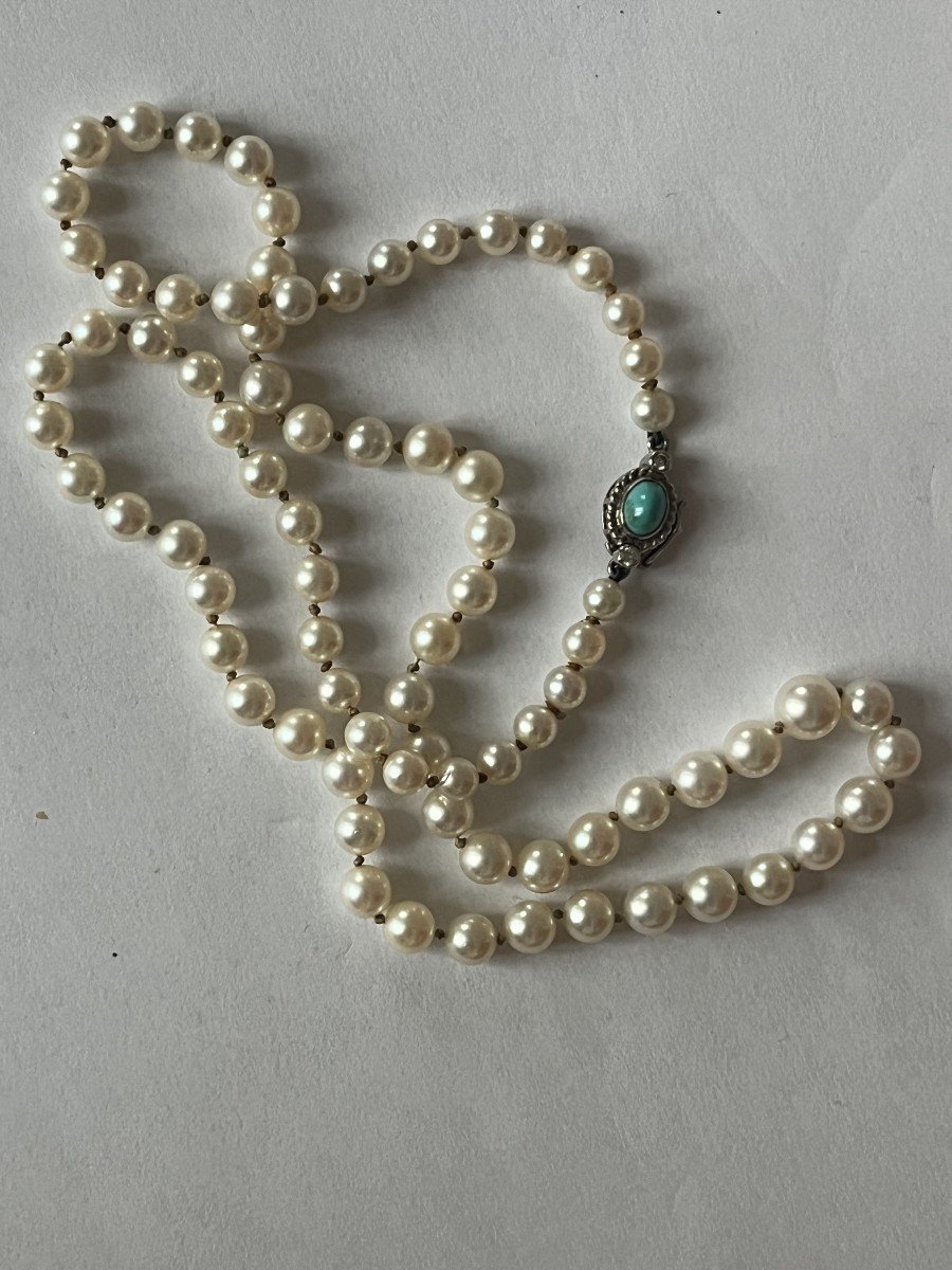 6300- Drop Pearl Necklace Turquoise Clasp Diamonds-photo-3