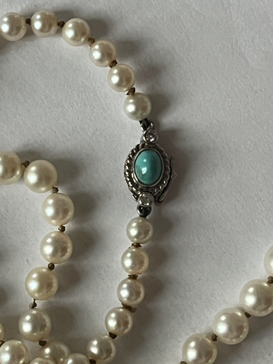 6300- Drop Pearl Necklace Turquoise Clasp Diamonds