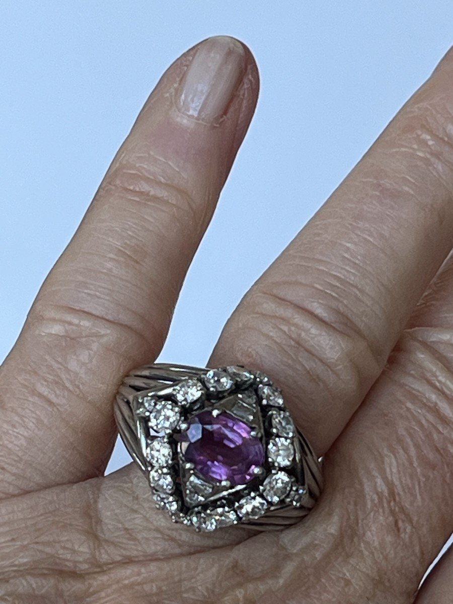 6287- Dome Ring White Gold Platinum Pink Sapphire Diamonds-photo-4