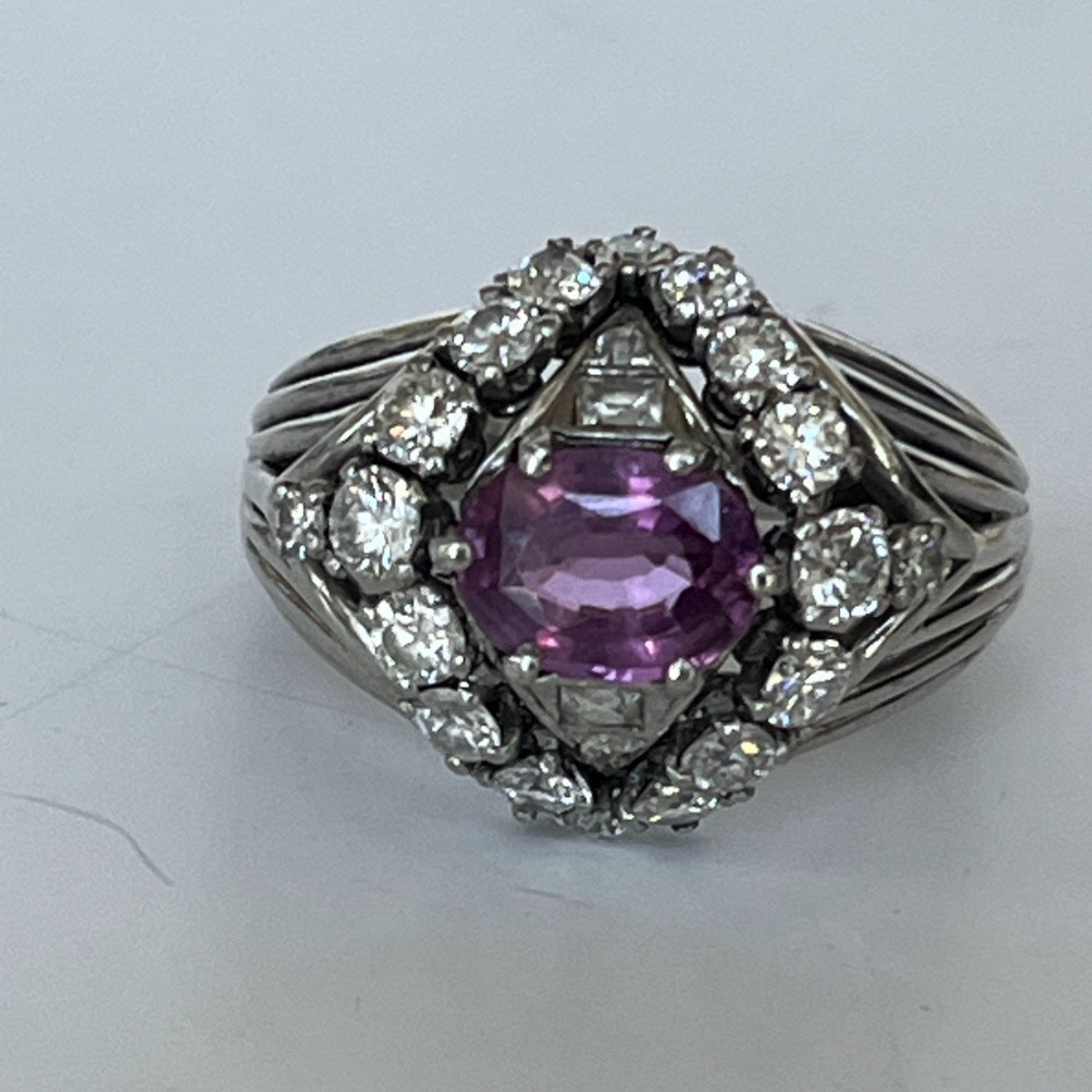 6287- Dome Ring White Gold Platinum Pink Sapphire Diamonds