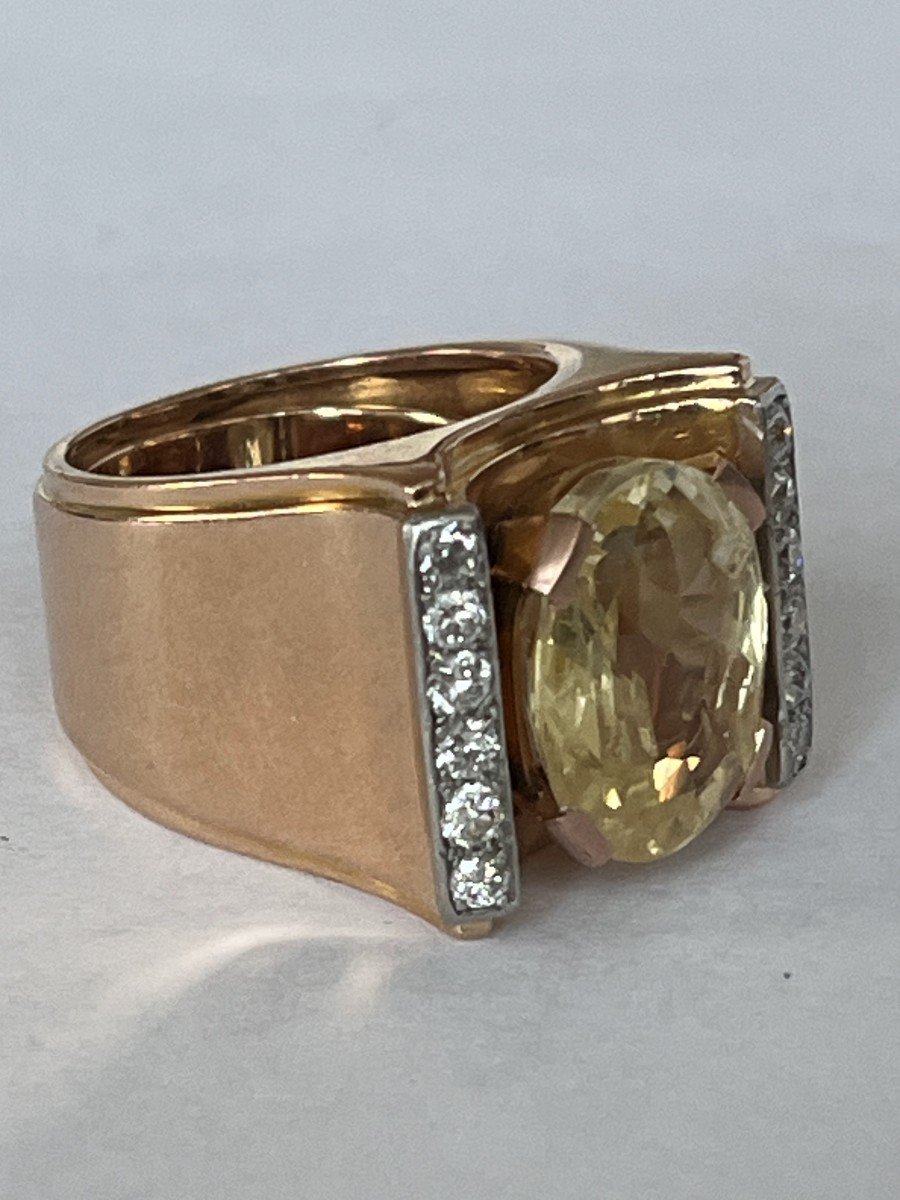 6296- Signet Ring Rose Gold Platinum Ceylon Yellow Sapphire Diamonds-photo-4