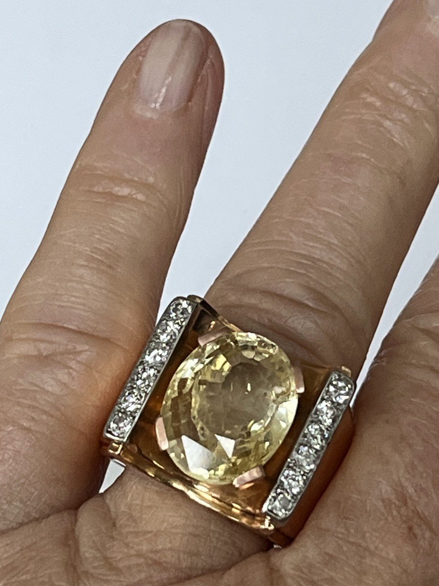 6296- Signet Ring Rose Gold Platinum Ceylon Yellow Sapphire Diamonds-photo-1