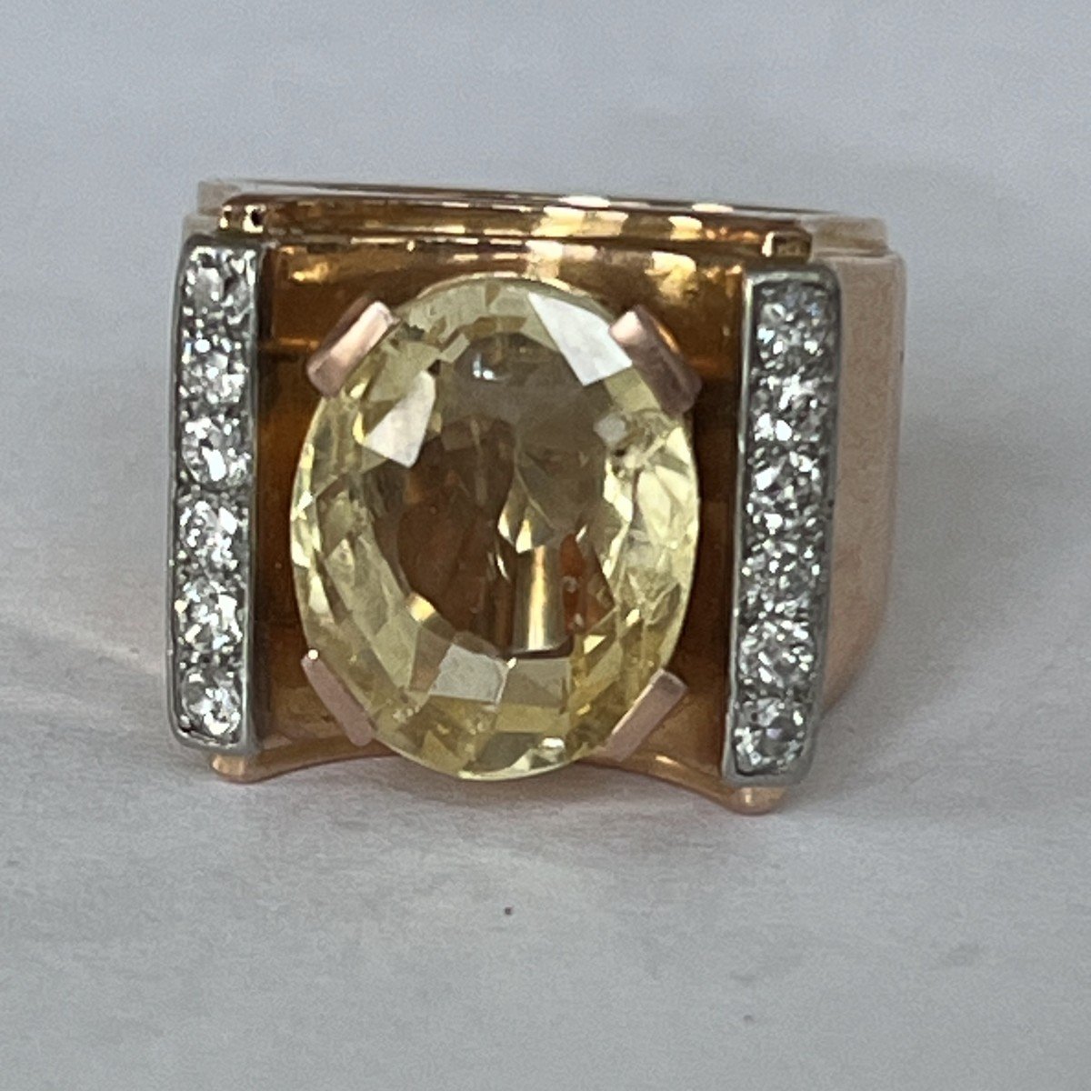 6296- Signet Ring Rose Gold Platinum Ceylon Yellow Sapphire Diamonds