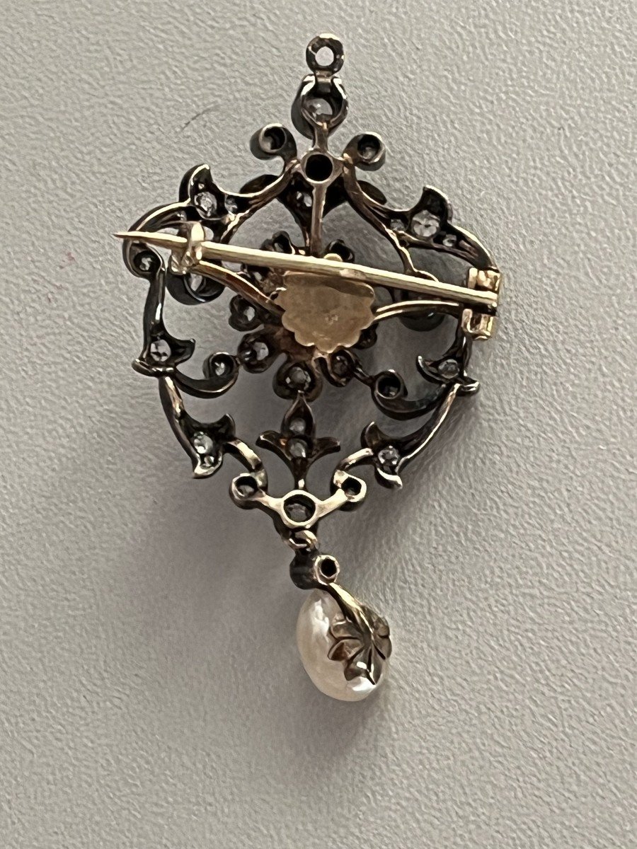 6351- Broche Pendentif Ancien Argent Or Jaune Perles Diamants-photo-2