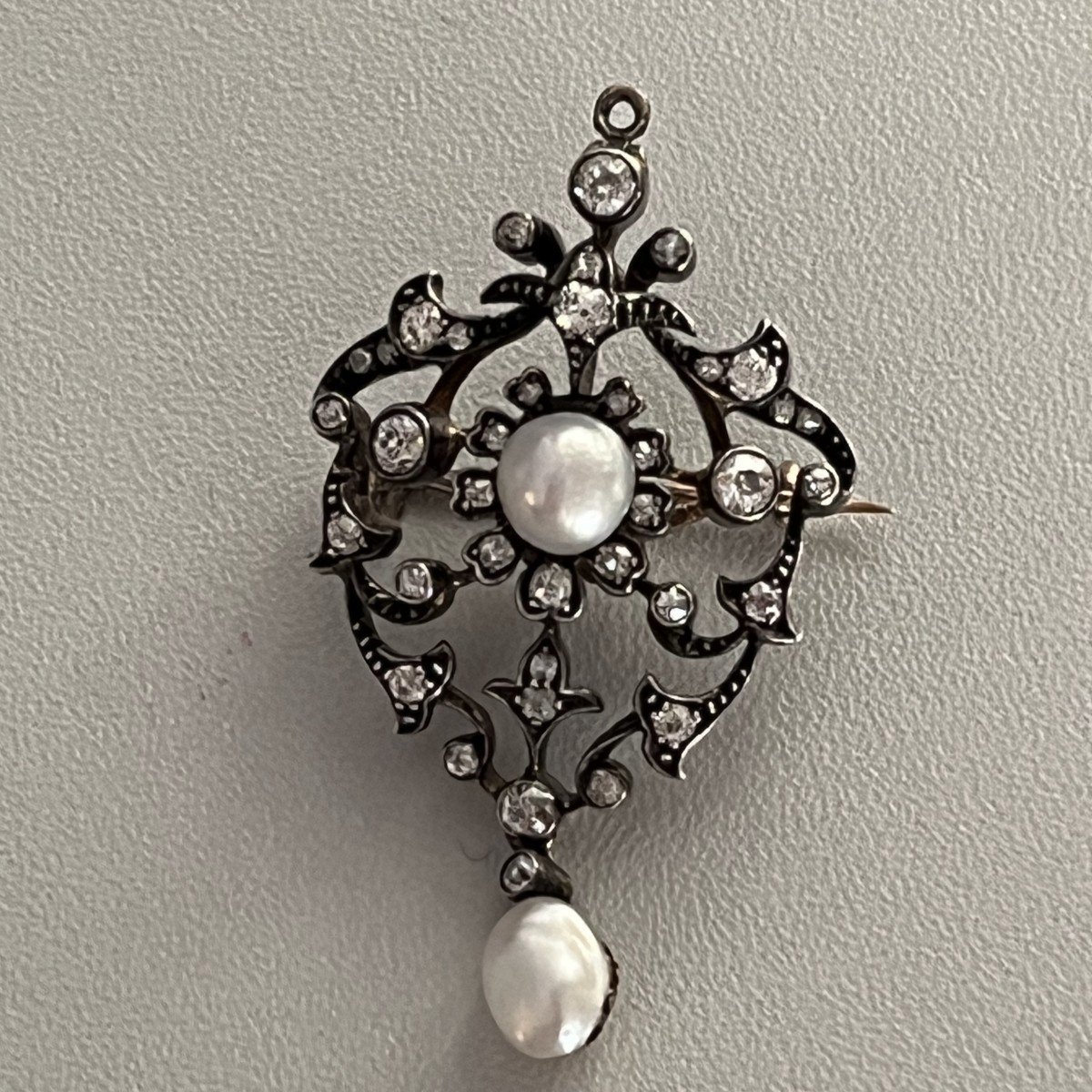 6351- Broche Pendentif Ancien Argent Or Jaune Perles Diamants