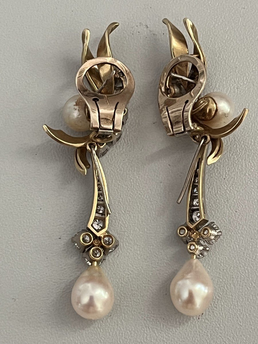 6352- Boucles d'Oreilles Pendant Amovible Or Jaune Perles Diamants-photo-4