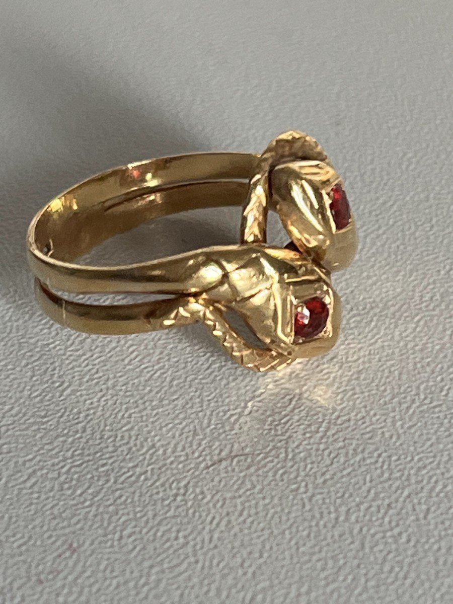 6211- Yellow Gold Snake Ring With Red Stones-photo-4