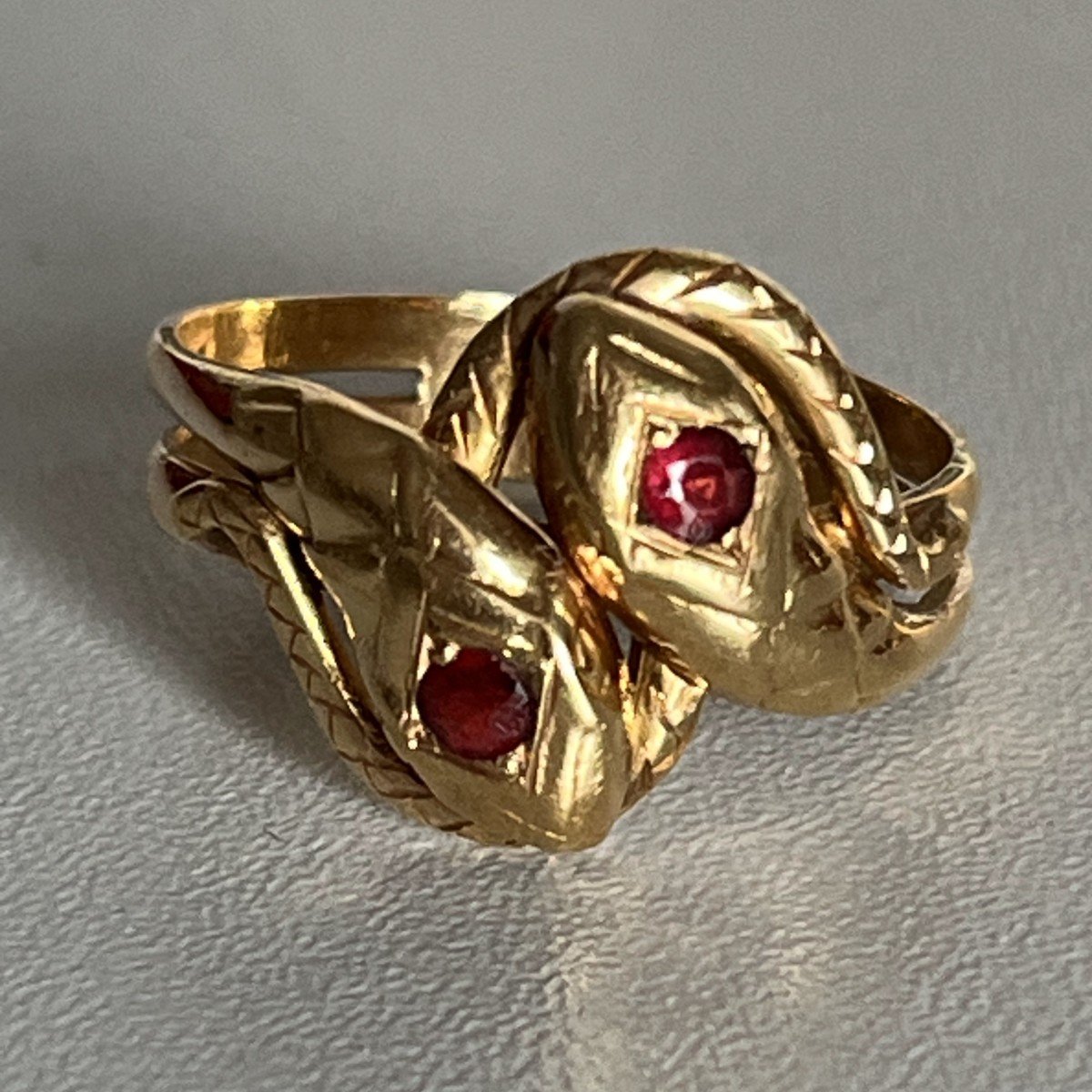 6211- Yellow Gold Snake Ring With Red Stones