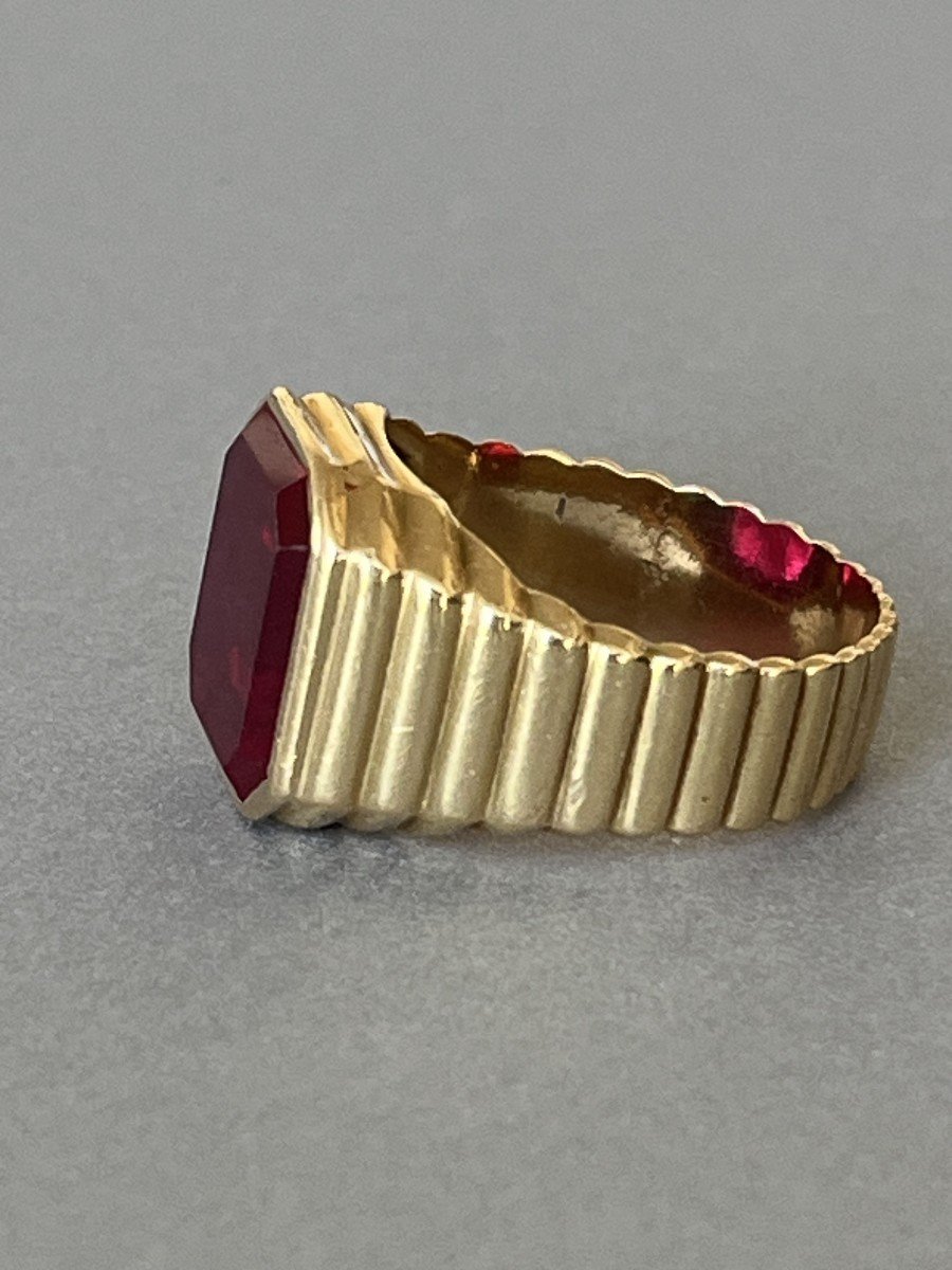 6347- Bague Chevalière Or Jaune Rubis Synthétique-photo-1