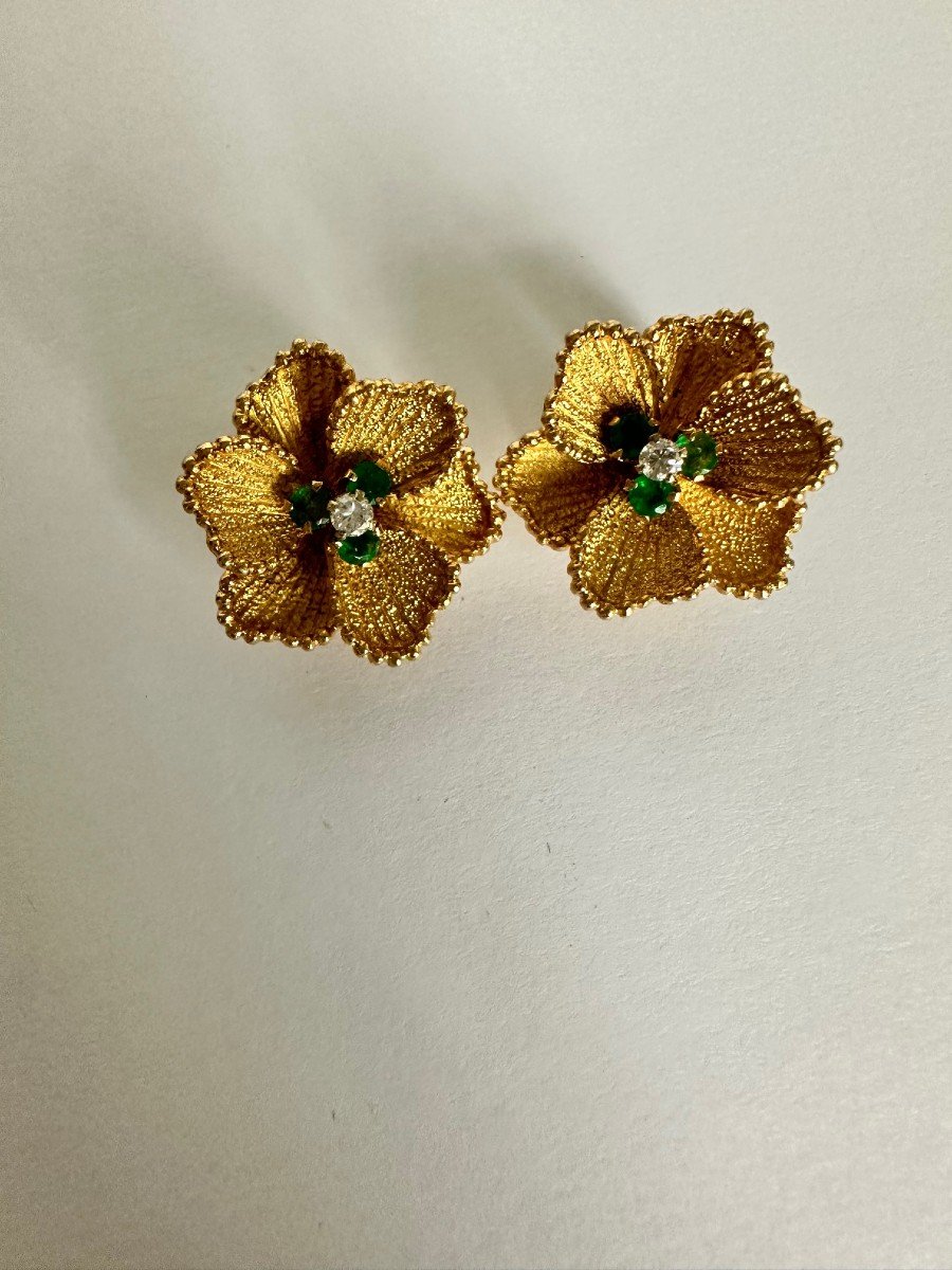 3535b- Boucles d'Oreilles Fleurs Or Jaune Emeraudes Diamants-photo-3