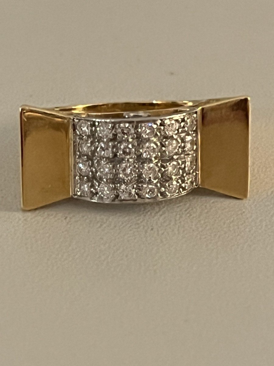 1455- Tank Ring Yellow Gold Platinum Diamonds-photo-2