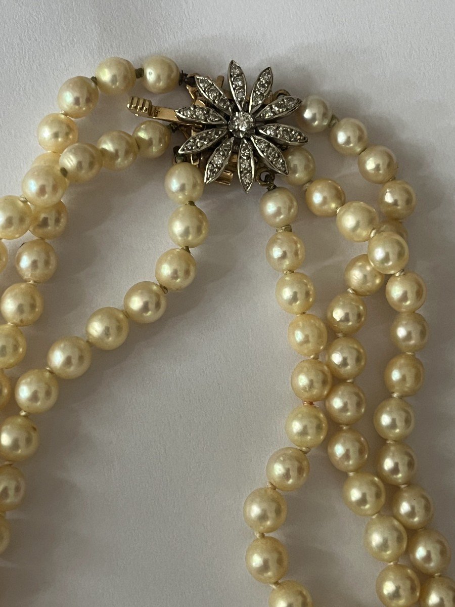 2668- Collier 3 Rangs Perles Akoya Fermoir Fleur Or Jaune Diamants