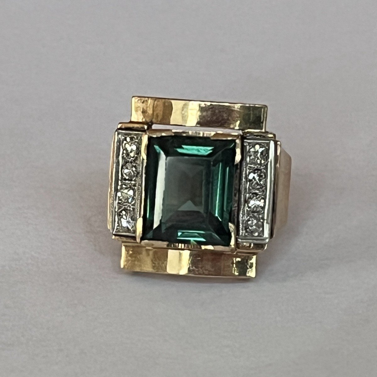 6346- Bague Tank Or Jaune Tourmaline Diamants