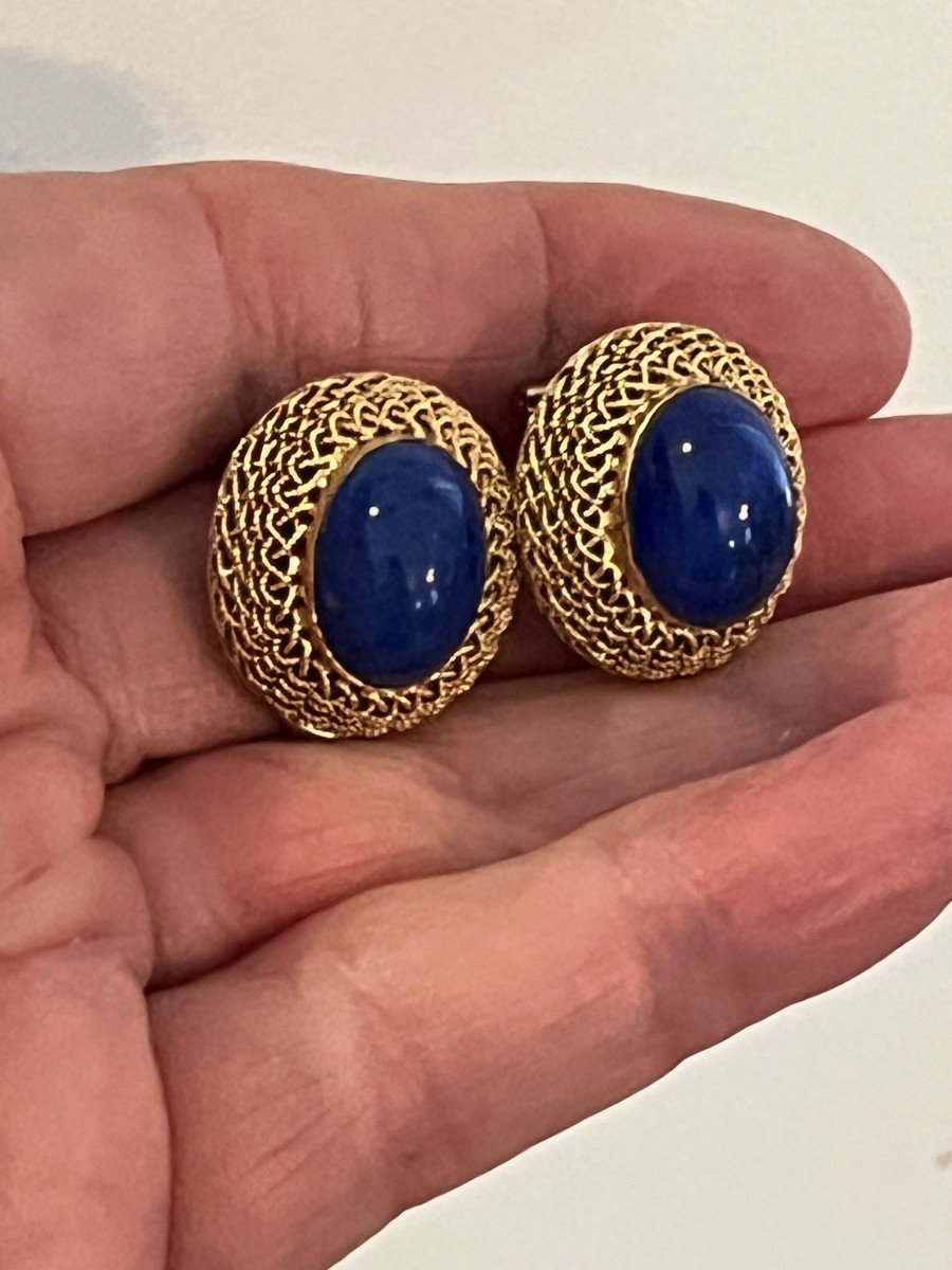 6034b- Boucles d'Oreilles Or Jaune Torsadé Lapis Lazuli-photo-3