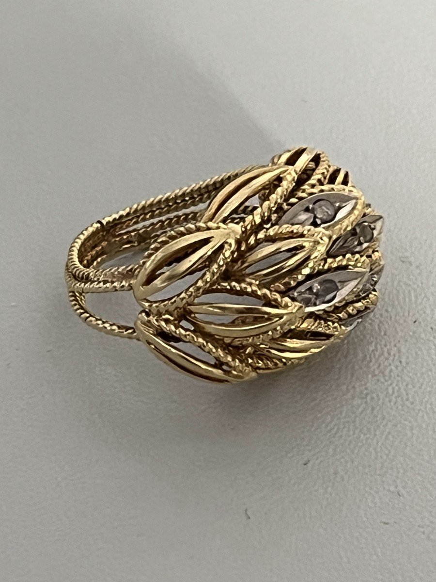 6193b- Yellow Gold Diamond Leaf Ball Ring-photo-4