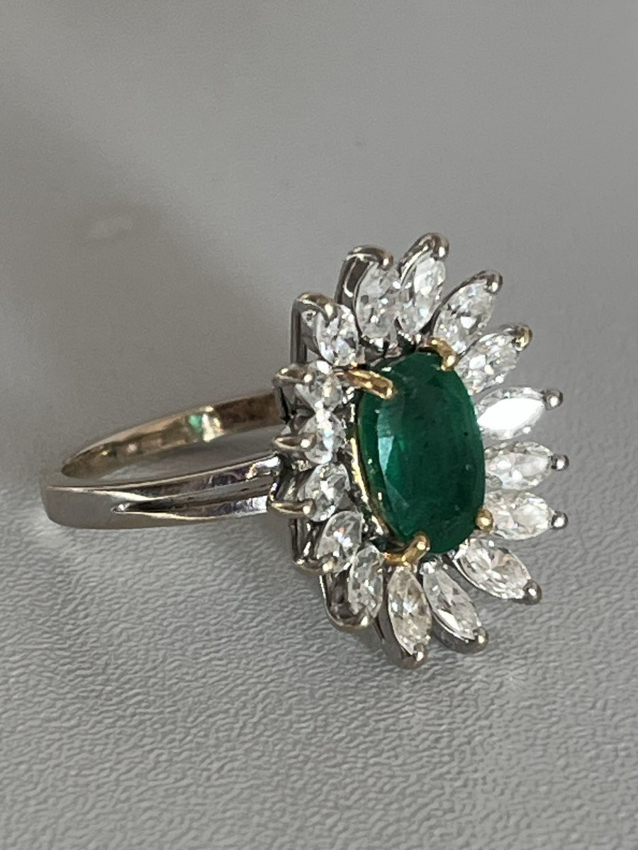 6403- Yellow Gold And Gray Emerald Diamond Flower Ring-photo-4