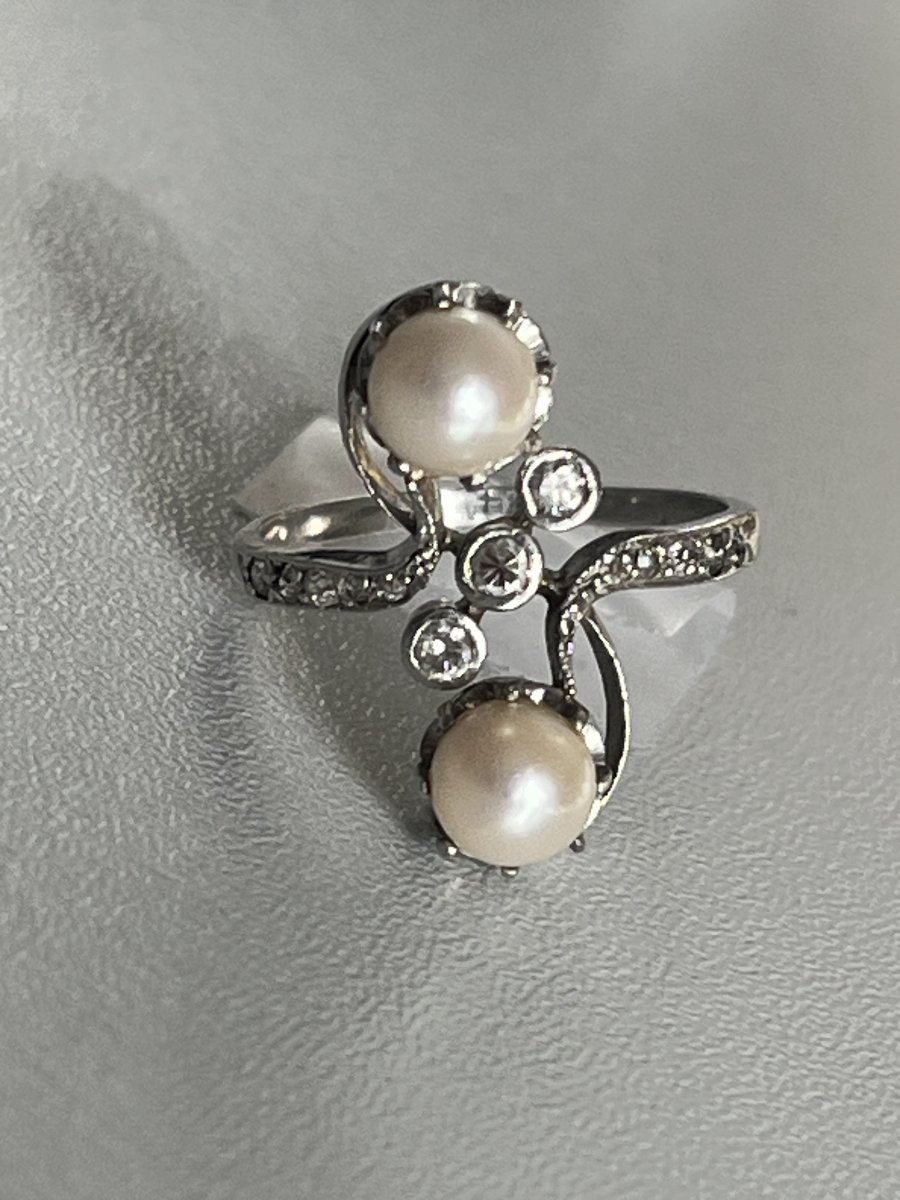 6087- Antique Toi & Moi Ring In White Gold With Akoya Pearls And Diamonds-photo-4