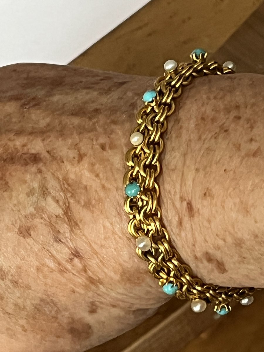 6362- Yellow Gold Bracelet With Akoya Pearls And Turquoise-photo-2