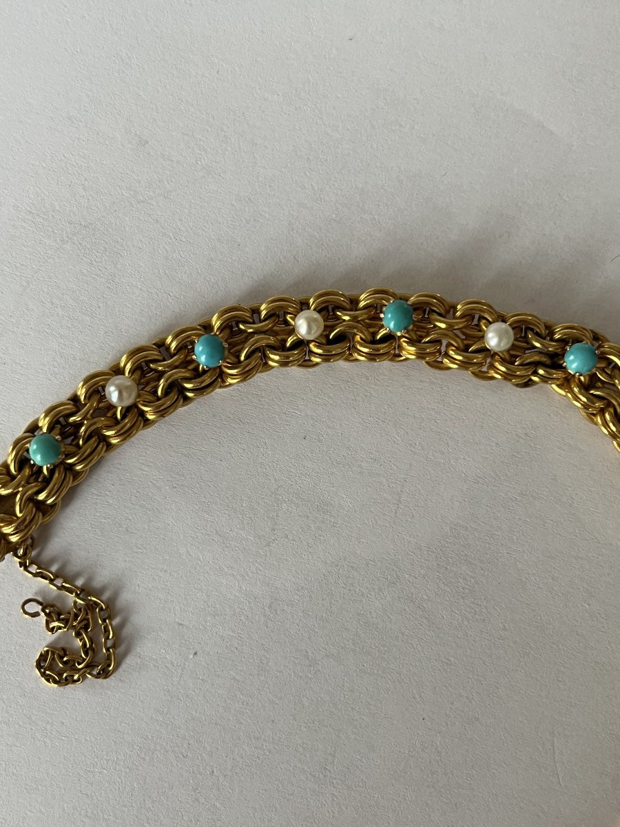 6362- Yellow Gold Bracelet With Akoya Pearls And Turquoise-photo-3