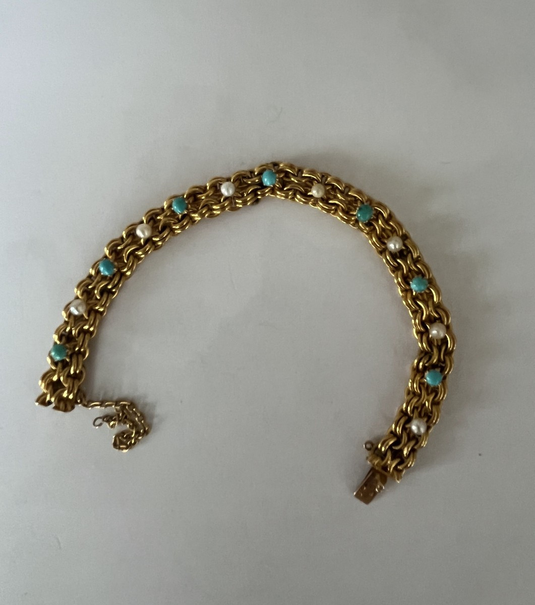 6362- Yellow Gold Bracelet With Akoya Pearls And Turquoise