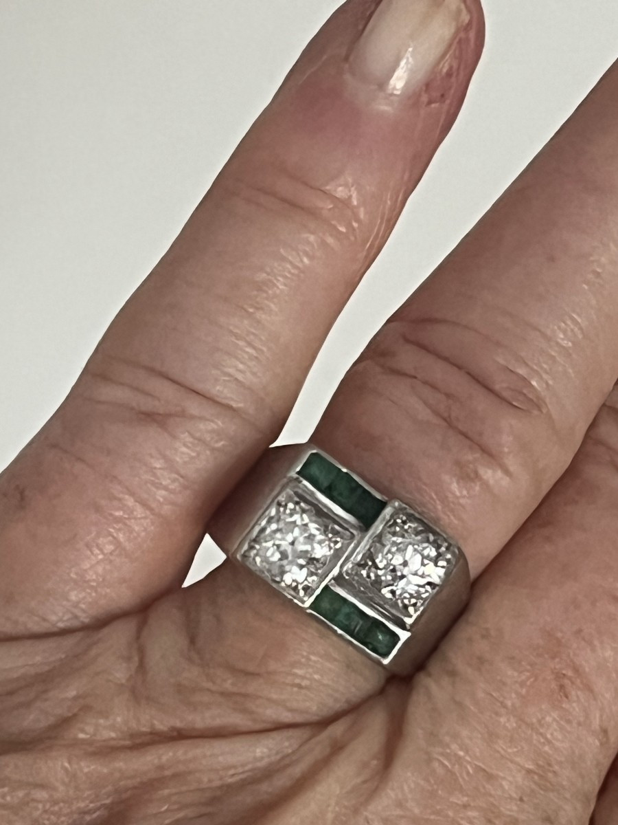 6374- Tank Ring Platinum White Gold Diamonds Emeralds-photo-3