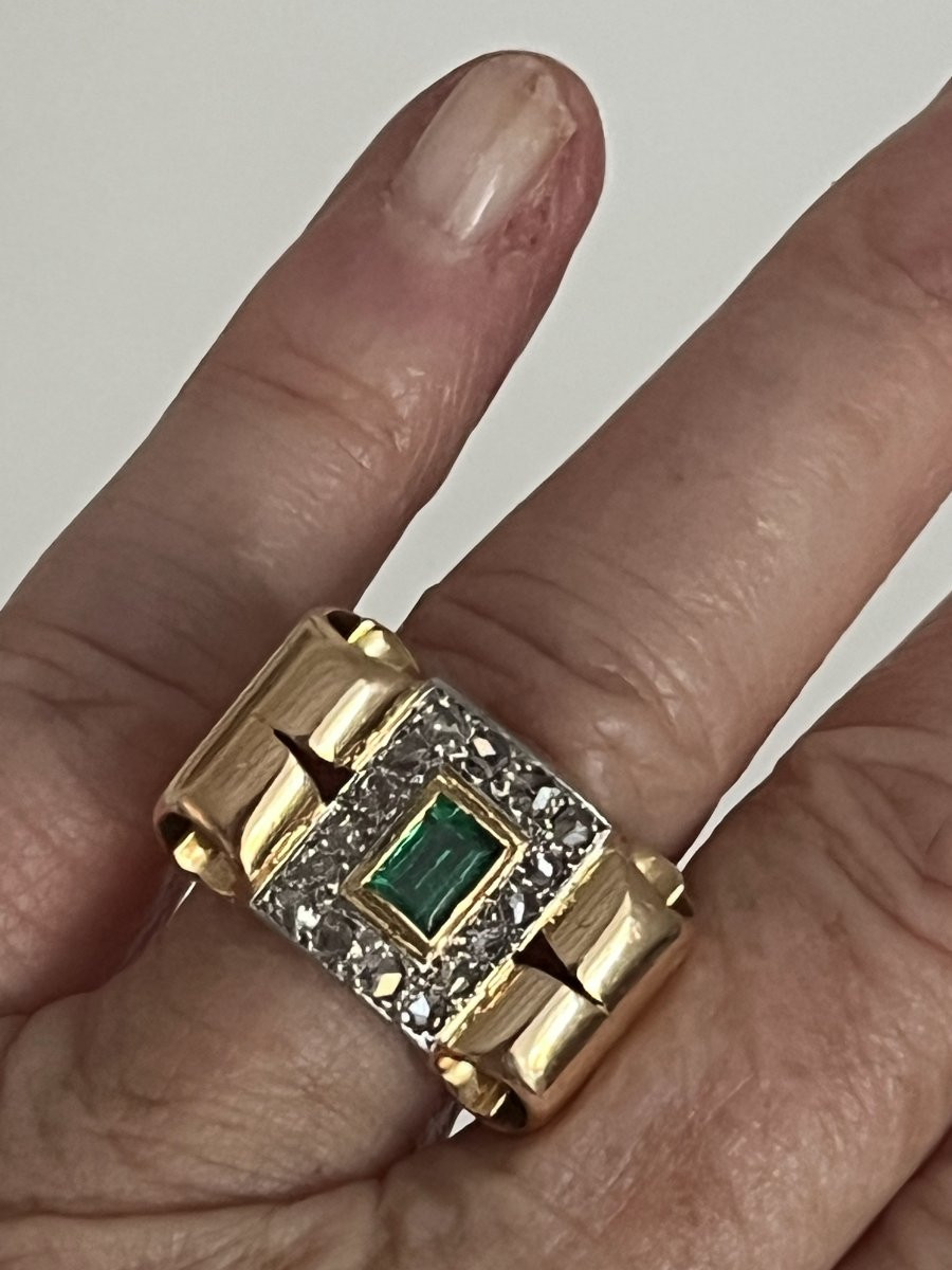 6375- Tank Ring Yellow Gold Emerald Diamonds-photo-2