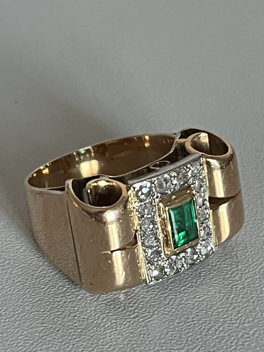 6375- Tank Ring Yellow Gold Emerald Diamonds-photo-1