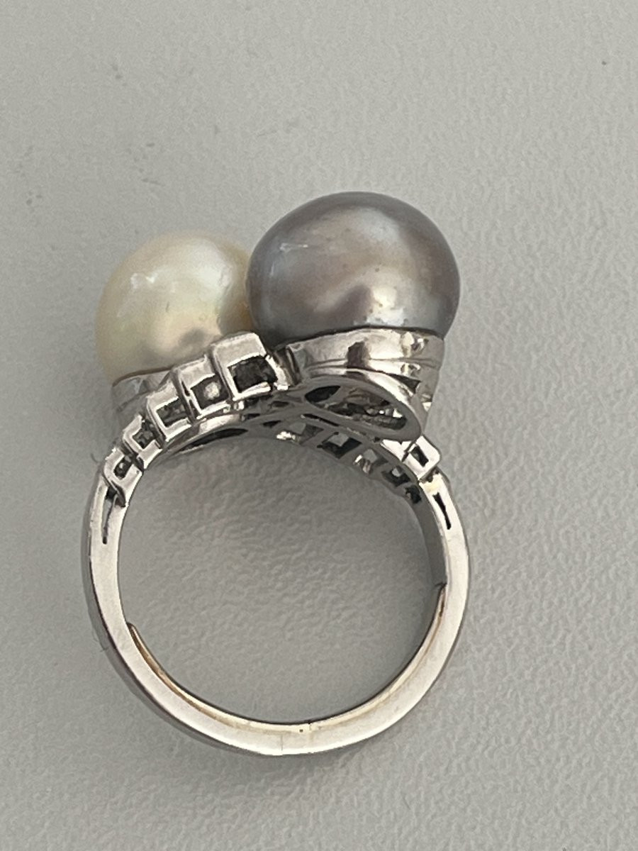 6392- Toi & Moi Ring White Gold Akoya And Tahiti Pearls Diamonds-photo-2