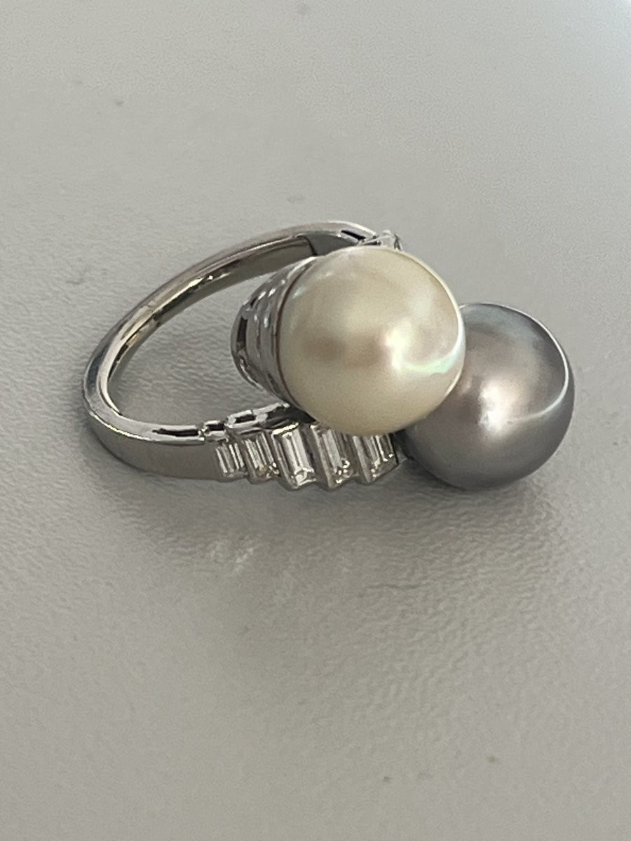 6392- Toi & Moi Ring White Gold Akoya And Tahiti Pearls Diamonds-photo-3