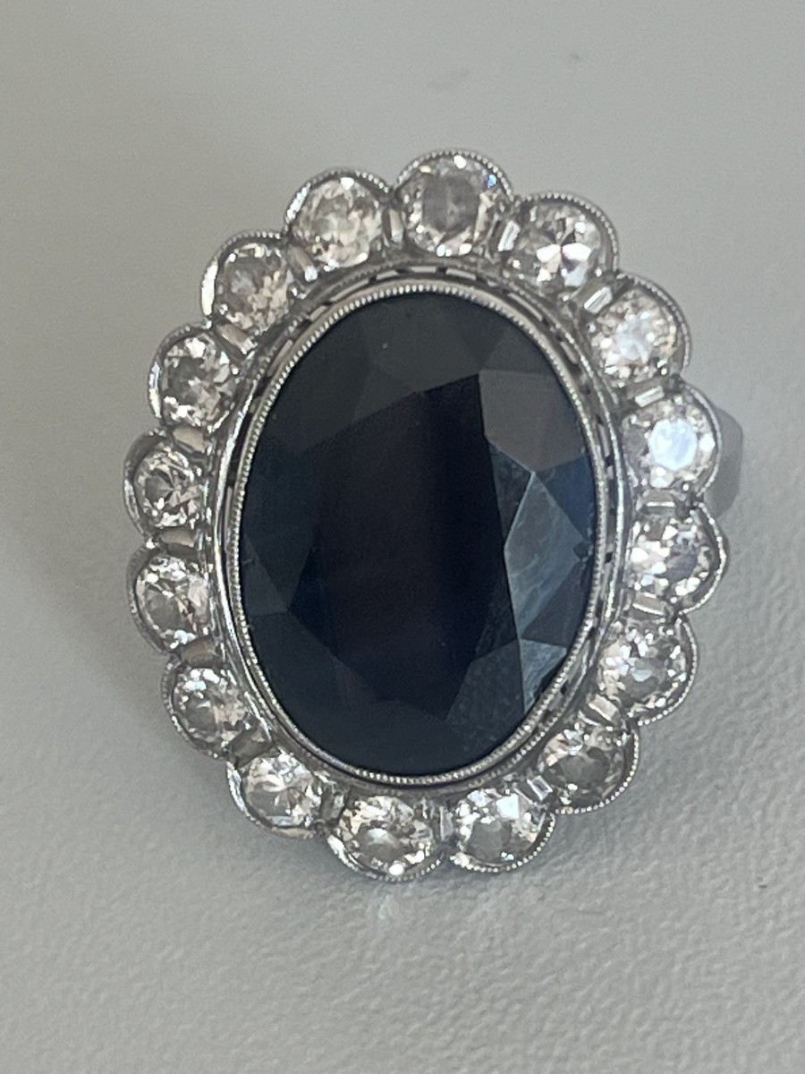 6466- Bague Ancienne Platine Saphir (11 Ct) Et Diamants