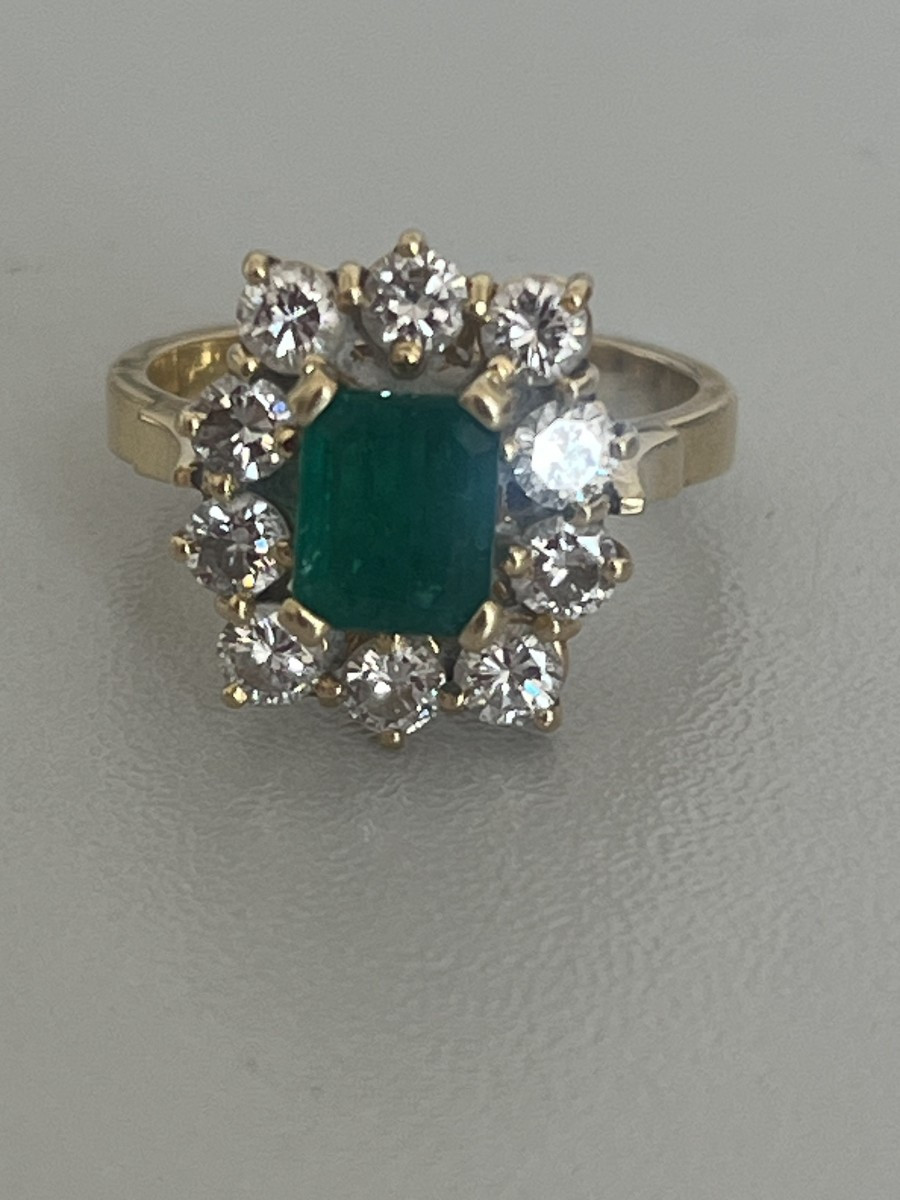 6467- Bague Fleur Or Jaune Emeraude Diamants
