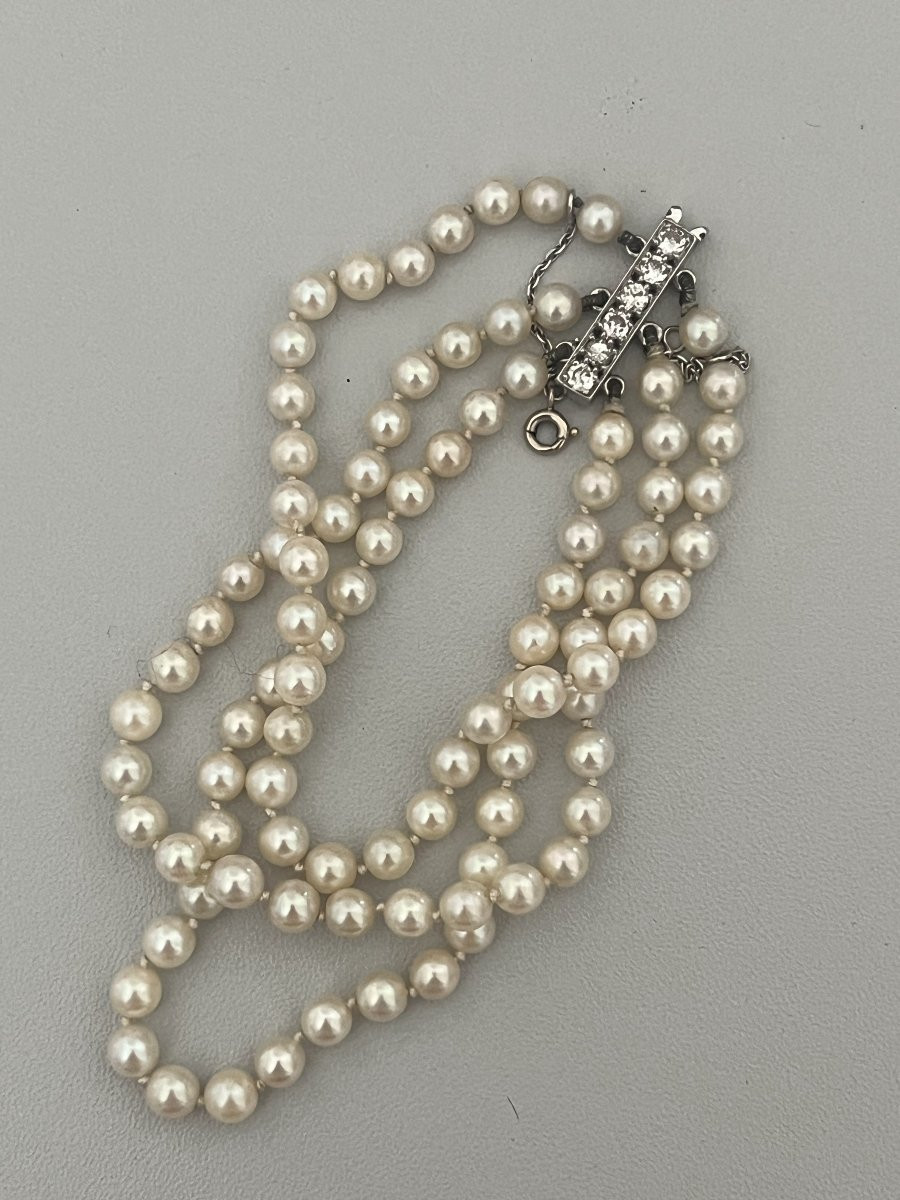 6470- 4 Row Akoya Pearl Bracelet White Gold Clasp Diamonds-photo-3
