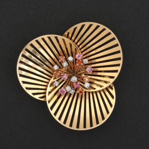 2558– Broche Or Jaune Diamants Citrines Rubis