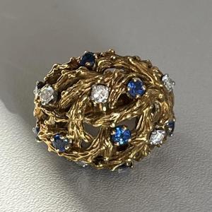 4004– Importante Bague Boule Annnées 1960 Or Jaune Saphirs Diamants