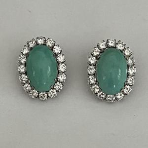 4520- Boucles d'Oreilles Or Gris Turquoises Diamants